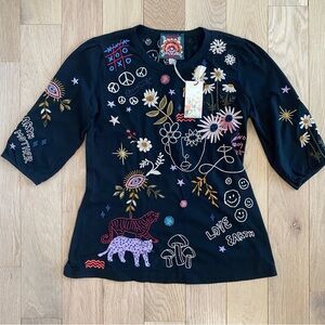 Johnny Was Soho Puff Sleeve Tee Whimsical Embroidery